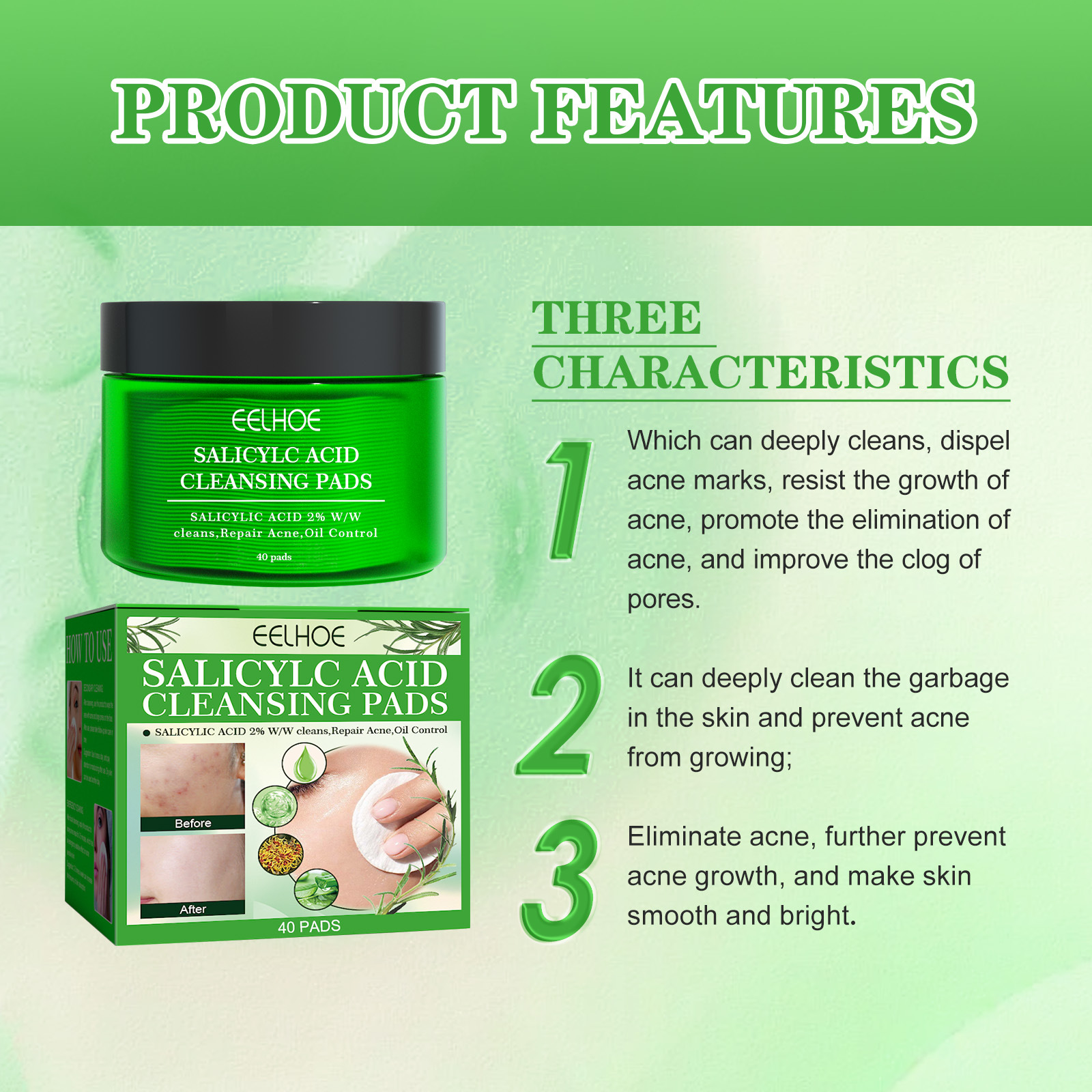 EELHOE Tampone detergente all'acido salicilico per punti neri e rimozione, controllo dell'olio a bocca chiusa, idratante, pulizia delicata,_voghion.com