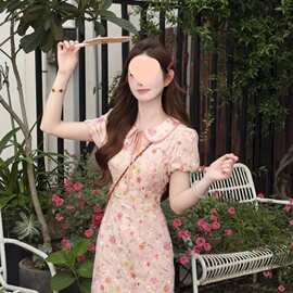 新中式国风长裙夏季收腰显瘦设计感小翻领碎花印花旗袍连衣裙女