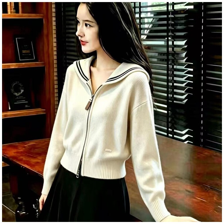 Dropshipping Navy Collar Knit Cardigan 2026 Spring and Autumn New Double Zipper Sweater Coat Loose Top Coat