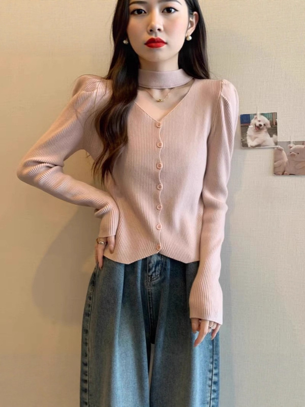 2025秋冬新款红色挂脖V领针织衫内搭大码女装胖mm泡泡袖毛衣上衣|undefined