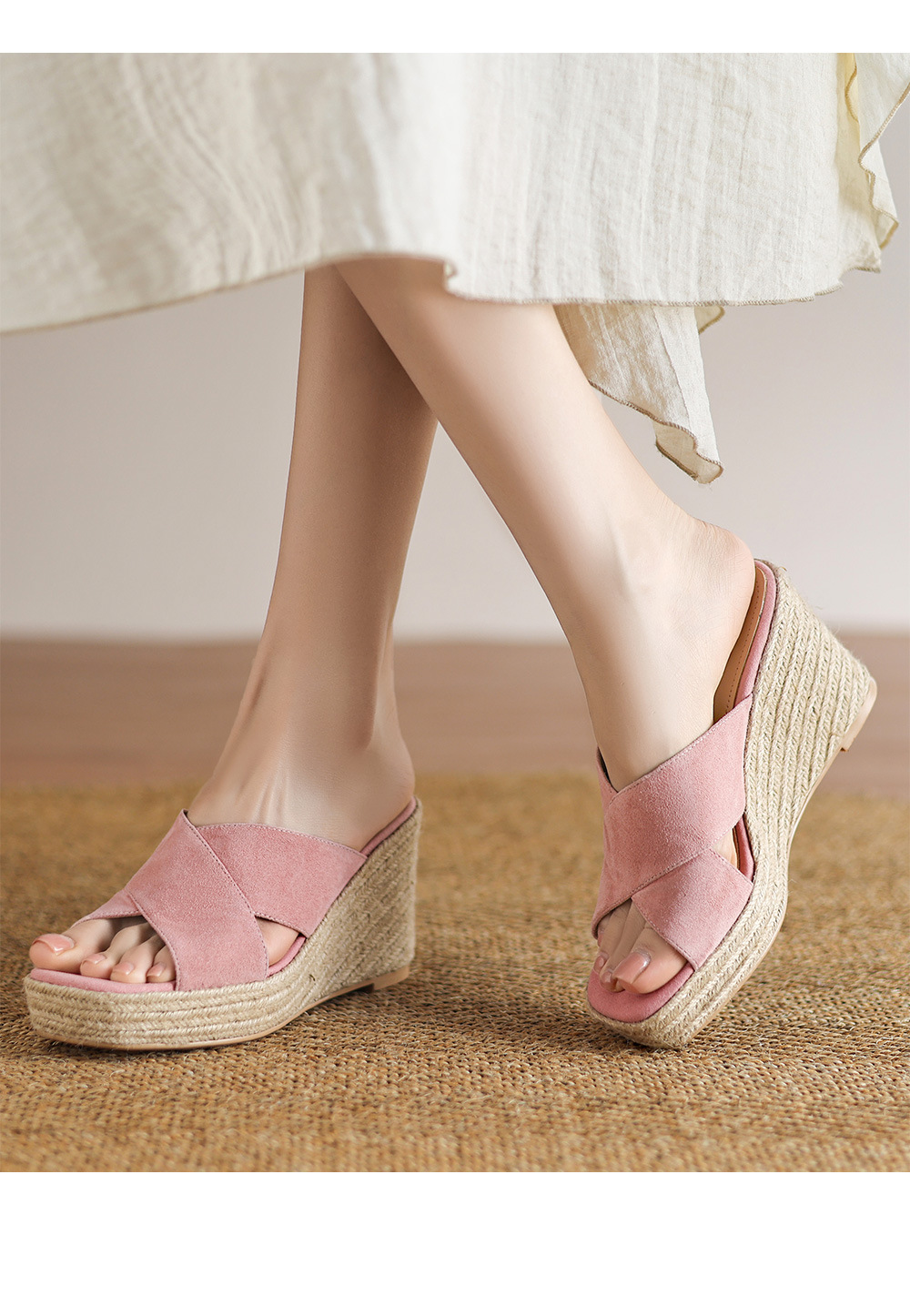 Sandal cao gót nữ quai ngang đế xuồng đan dày — Màu đen chi tiết 12