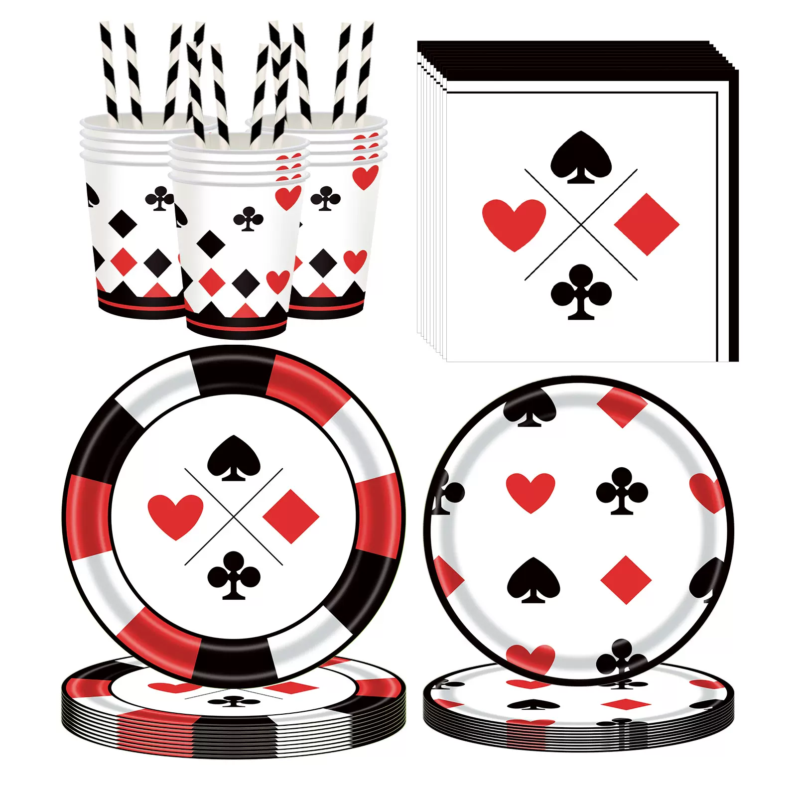 新款扑克牌主题派对一次性大小纸盘纸巾纸杯吸管聚会布置用品套装