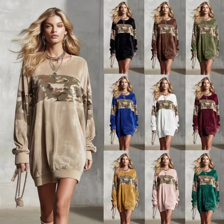 2026 European and American cross-border e-commerce Amazon women's new camouflage print color-block velvet sweatshirt mini dress