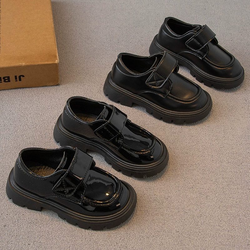 Детская кожаная обувь 2024 осень новый мальчик мягкая кожа лакированная английская обувь с круглой головкой и толстой подошвы
