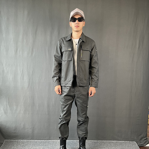 Work clothes men and women set spring and autumn wear-resistant printed words construction site auto repair labor protection suit workshop breathable comfortable factory clothes 