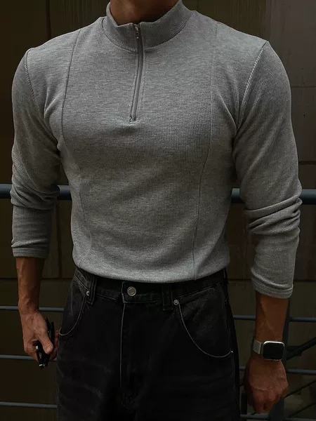 Autumn and winter Korean style casual men's top with nano-strip shoulder pads, knitted half-zip sports pullover long-sleeve base shirt