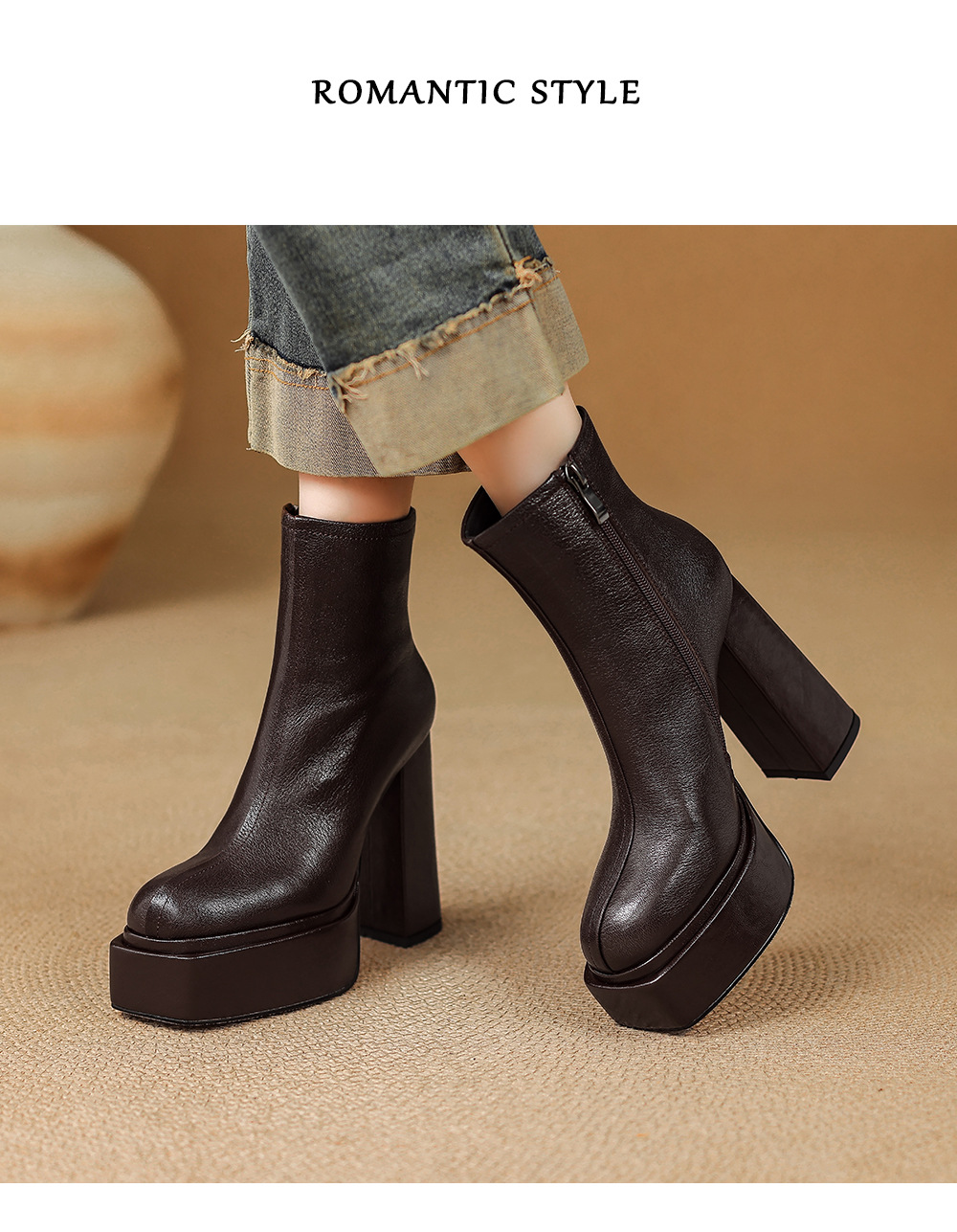 Boot nữ cổ cao ôm chân da dê mềm gót vuông đế xuồng 12.5 cm — Lớp lót nhung đen chi tiết 10