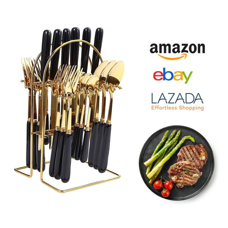 Amazon Tik Tok popular Luz de lujo de cerámica manejar cuatro piezas principales vajilla de acero inoxidable 24 piezas traje de cuchillos, tenedores y cucharas