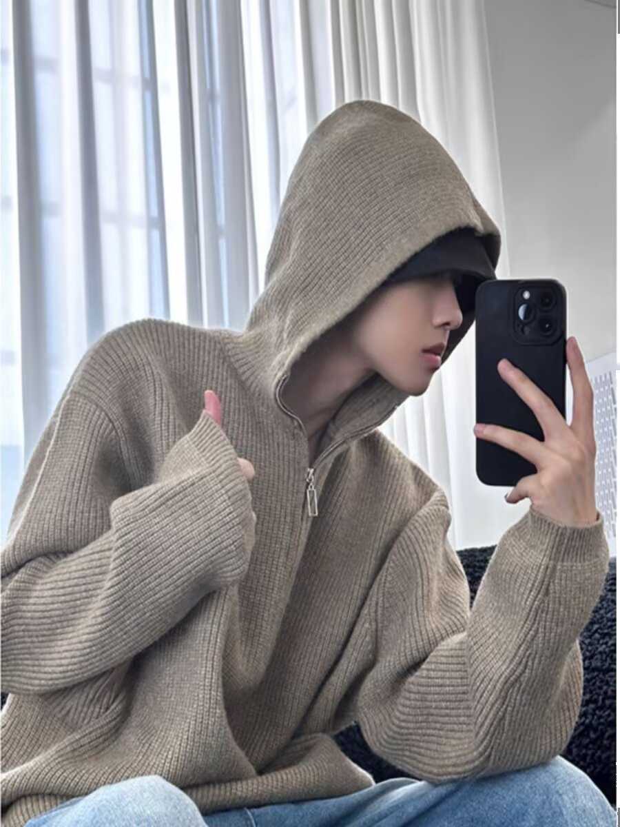 カーキ色cleanfitニットフード付きパーカー男性秋冬半ファスナー底シャツ怠惰風高級感セーター