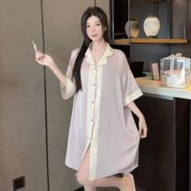 跨境外贸2026新款法式冰丝睡衣女衬衫裙高级感薄款家居服可外穿