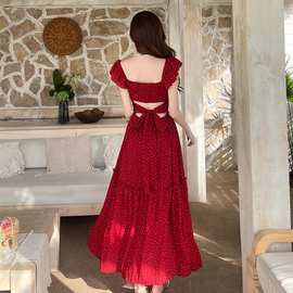 法式复古红色波点甜美气质连衣裙女夏季收腰显瘦度假风设计感长裙