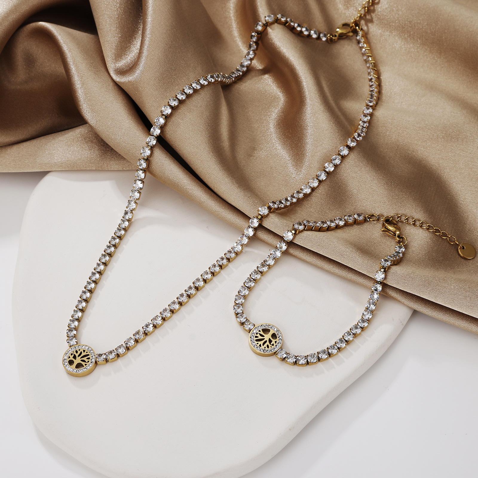 Fashion Tree Stainless Steel Plating Hollow Out Inlay Zircon Bracelets Necklace 1 Piece