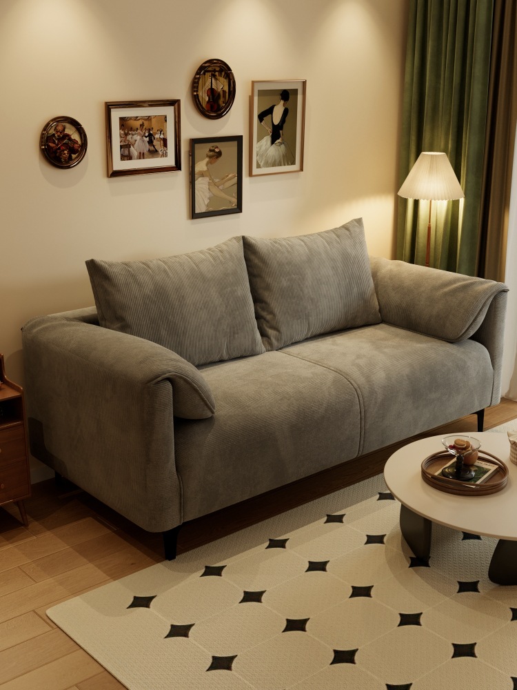 Corduroy Fabric Sofa for Small Living Room, Suitable for Rental Apartments, Available in Double or Triple Sizes, with Elephant Ear Design, Simple American-Style Straight Row