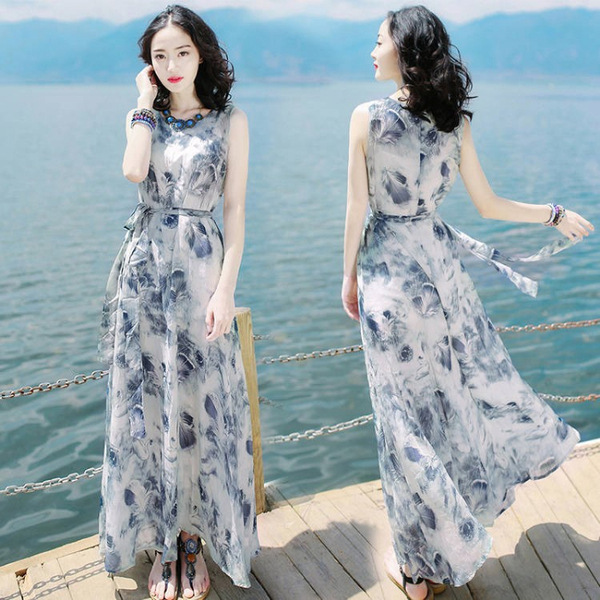 Bohemian Dress Women's Summer Long Dress 2023 New Seaside Vacation Print Sleeveless Suspender Beach Skirt