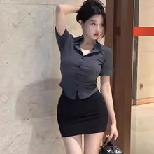 收腰灰色衬衫职业工作服女设计感修身性感秘书短袖衬衣OL制服套装