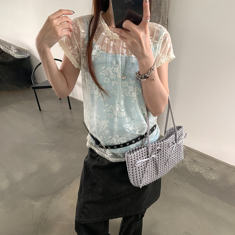 [Special Offer, No Returns or Exchanges] Sunai Korean-Style Thin Short-Sleeve Lace T-Shirt Hollow-Out Base Shirt Top for Summer