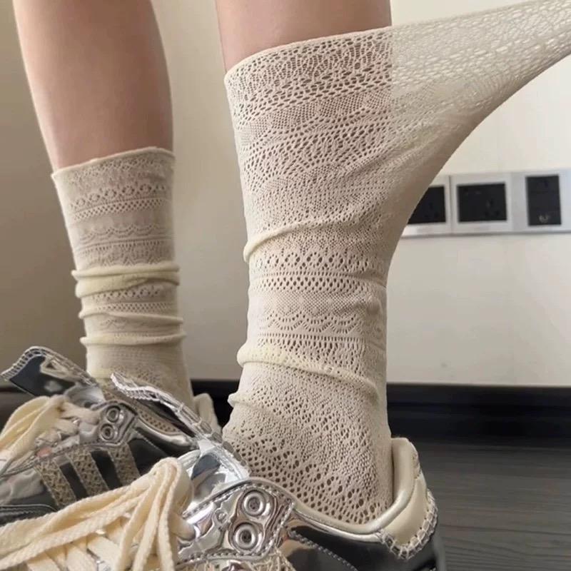 Summer Thin Solid Color Hollow Socks for Women, High Knee-Length Lace Socks, Slimming Black and White Women's Socks