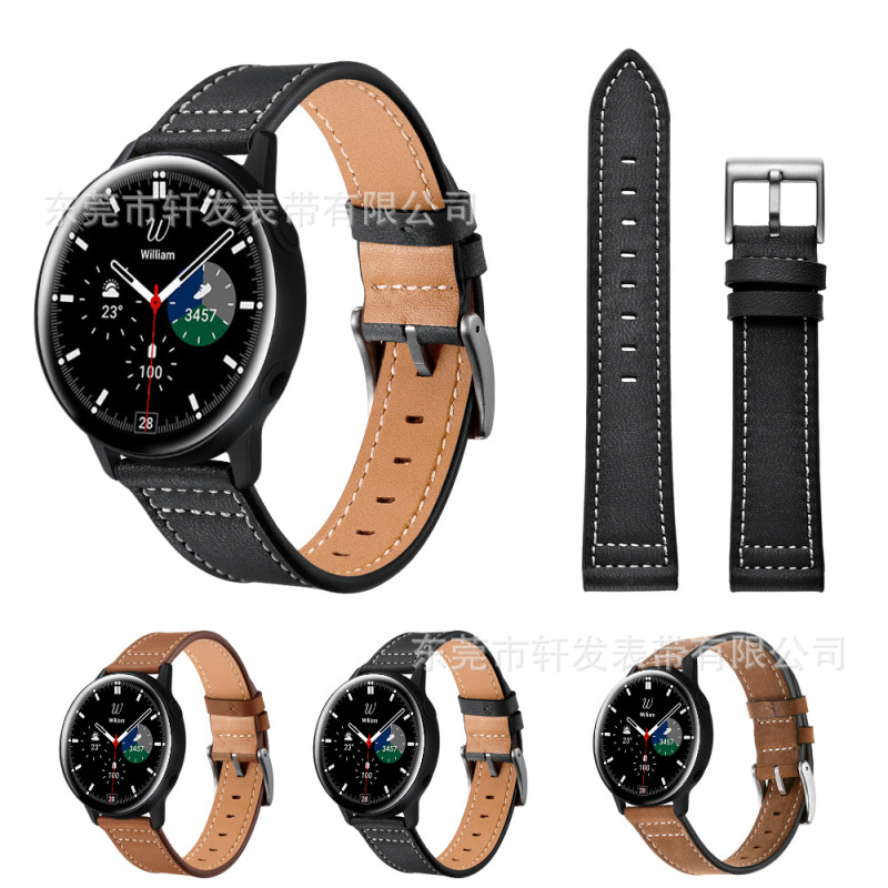 Suitable for Samsung Galaxy watt4 Classic watch first layer cowhide leather watch strap silver buckle
