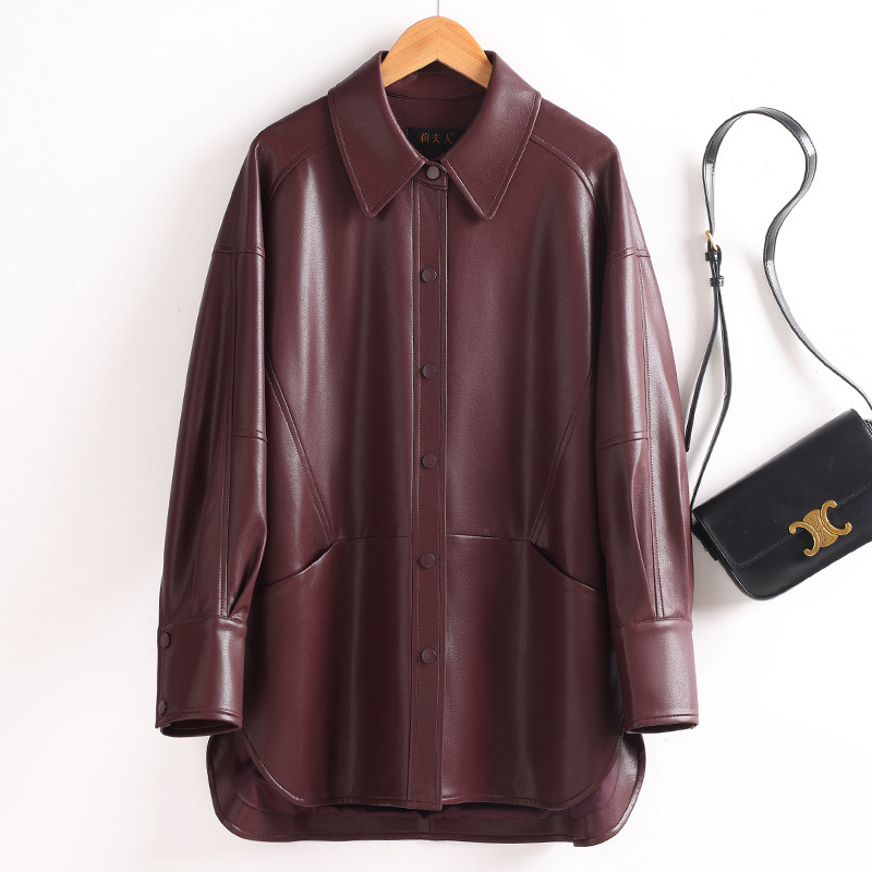 Authentic Korean Retro Soft Silhouette Leather Jacket Women's New Haining Loose Casual Lapel Goatskin Shirt Jacket