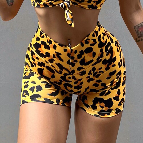 RGNANA European and American cross-border leopard print fitness sports yoga shorts women's summer V-waist slimming buttocks naked feeling quick-drying