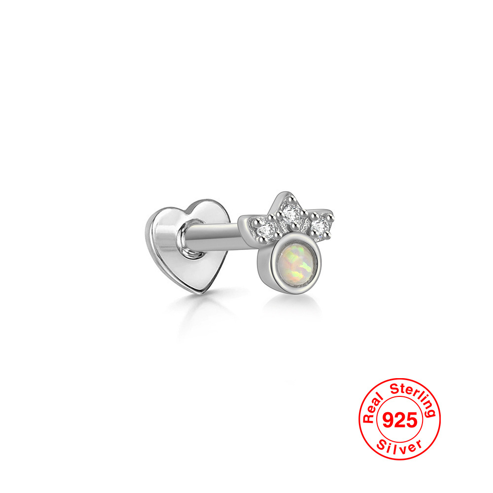 S925 plata esterlina ópalo diamante incrustado en forma de corazón hilo piercing oído hueso Stud Europea y Americana Venta caliente de alta calidad pendientes