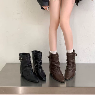 2026秋冬新款美拉德堆堆靴女皮带扣尖头粗跟百搭显瘦西部短靴8998