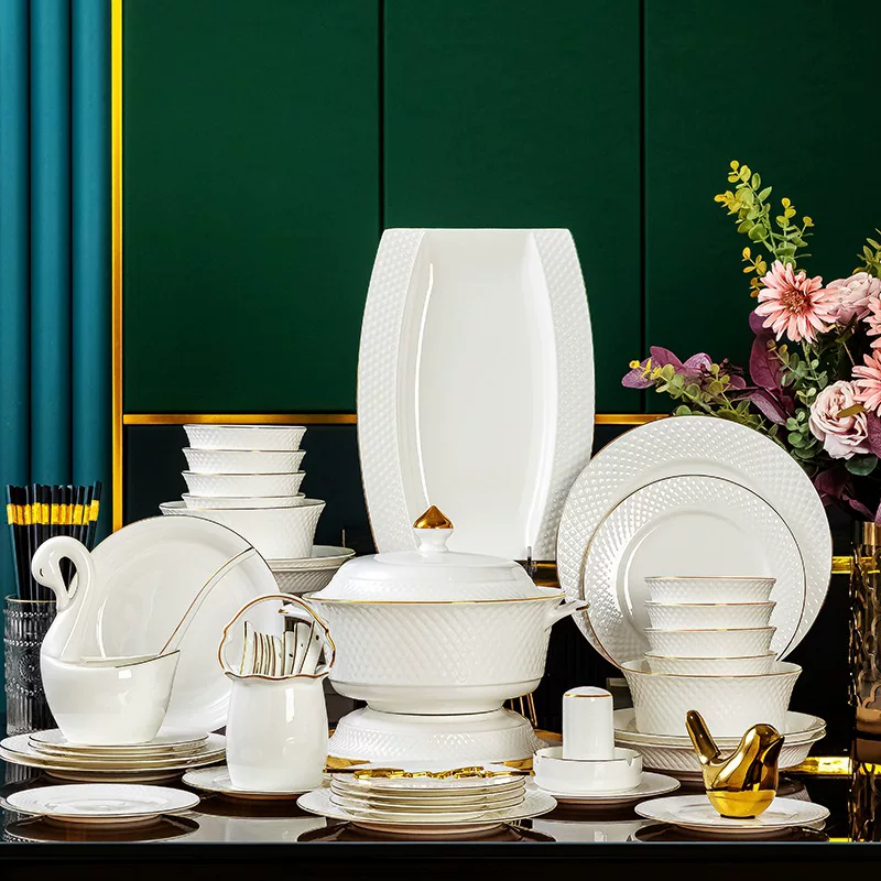 Посуда Jingdezhen, набор посуды для дома, стиль легкой роскоши, рельефный фарфор, блюдо и чаши, готов к подаркам