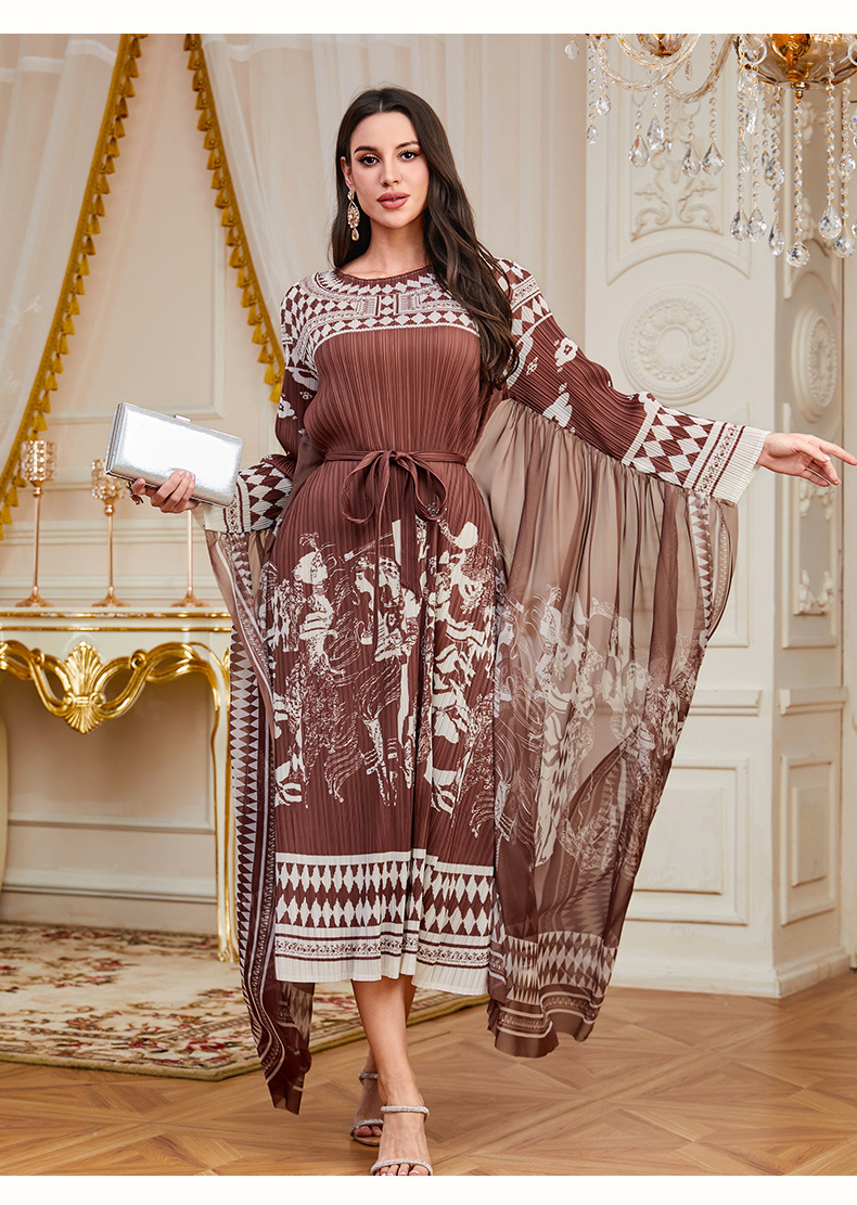 New Cross-border Pleated Printed Loose Bat-sleeve Heavy-duty Arabic Robe With Ties, Plus-size Elegant Dress For Women_ecoleips.com