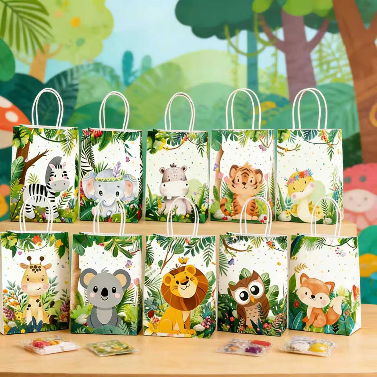 跨境丛林动物主题礼盒礼品袋儿童生日宝宝送礼礼物包装牛皮纸袋