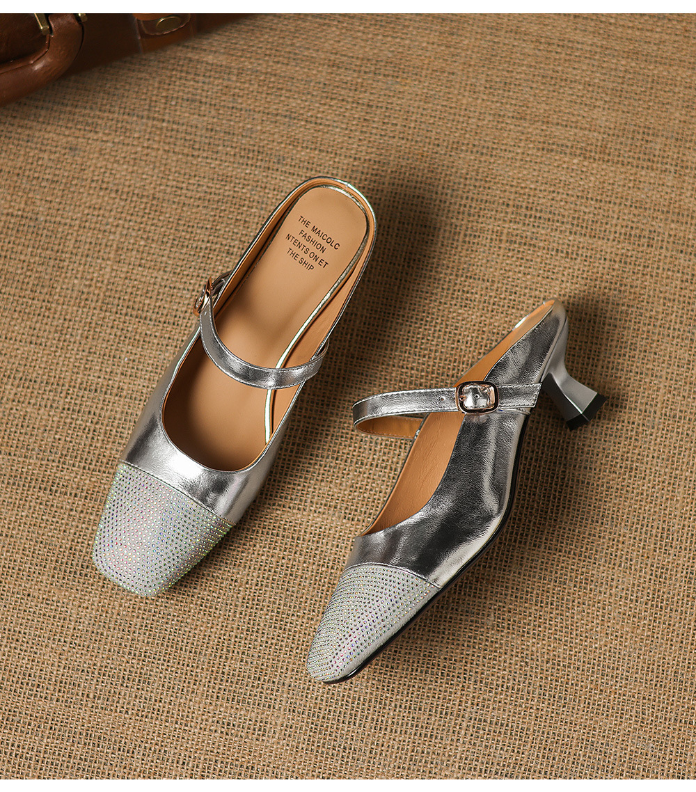Sandal nữ mũi vuông bít mũi hở gót, gót 5 cm, phong cách tiểu hương — màu vàng chi tiết 21