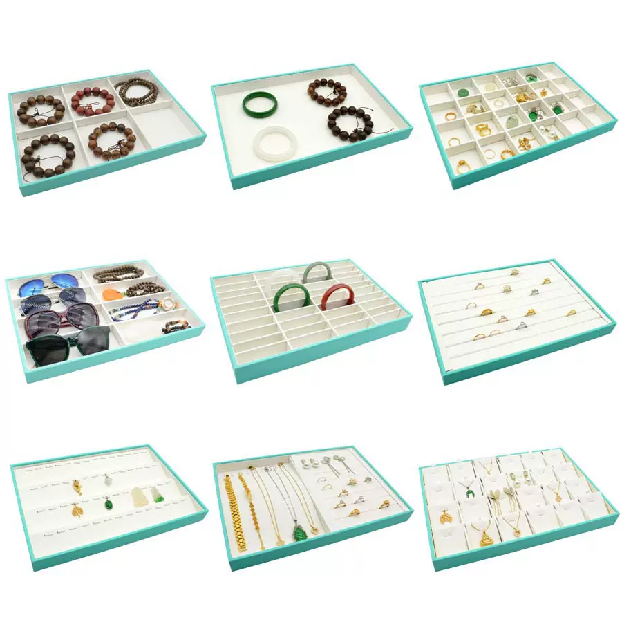 PU皮浅绿戒指项链收纳盒手镯耳环珠宝箱展示道具新饰品架首饰托盘