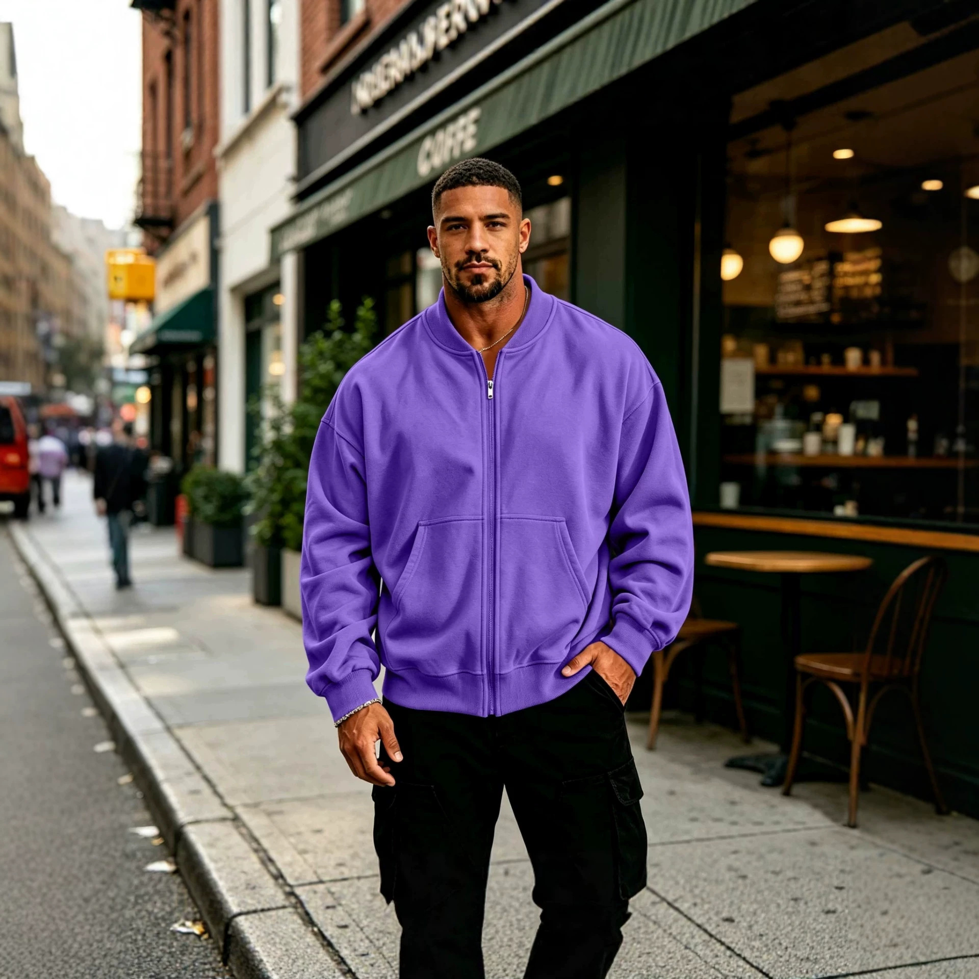 Men's stand-collar zip-up sweatshirt for export, autumn/winter solid color drop-shoulder baseball jacket with pockets, casual outerwear
