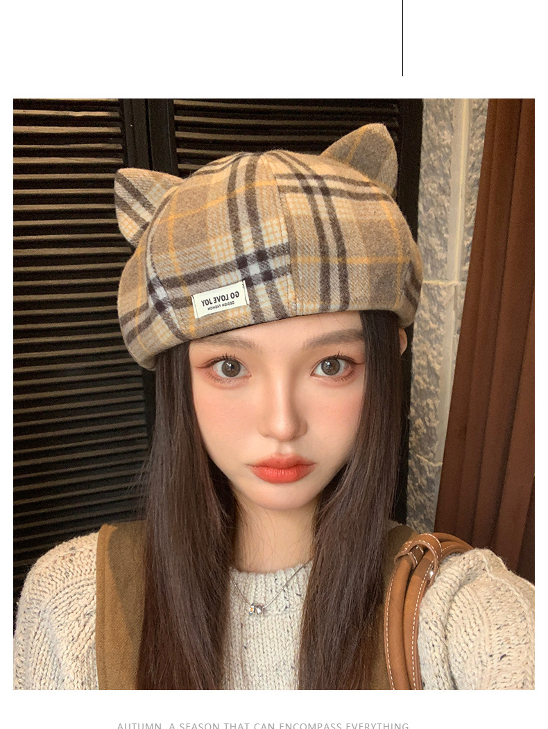 Britisches kariertes Barett, Herbst/Winter, Damen, Katzenohren, niedlich, achteckig, modisch, vielseitig, Malerhut_voghion.com