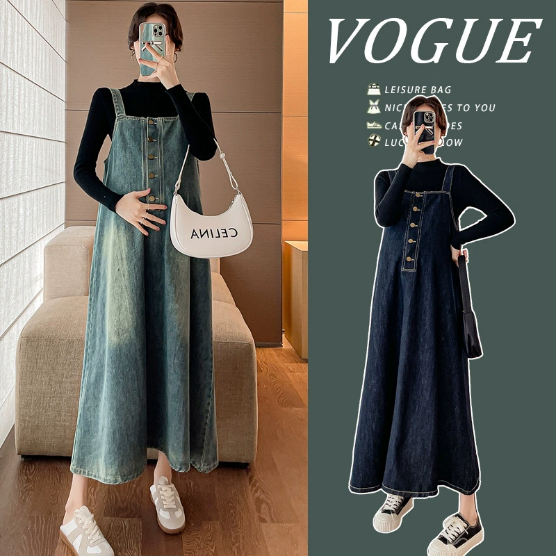 Платье для беременных Осеннее платье Японский милый уменьшающий возраст дизайн Sense Niche Топ средней длины Джинсовая юбка на бретелях Весенне-осенний костюм