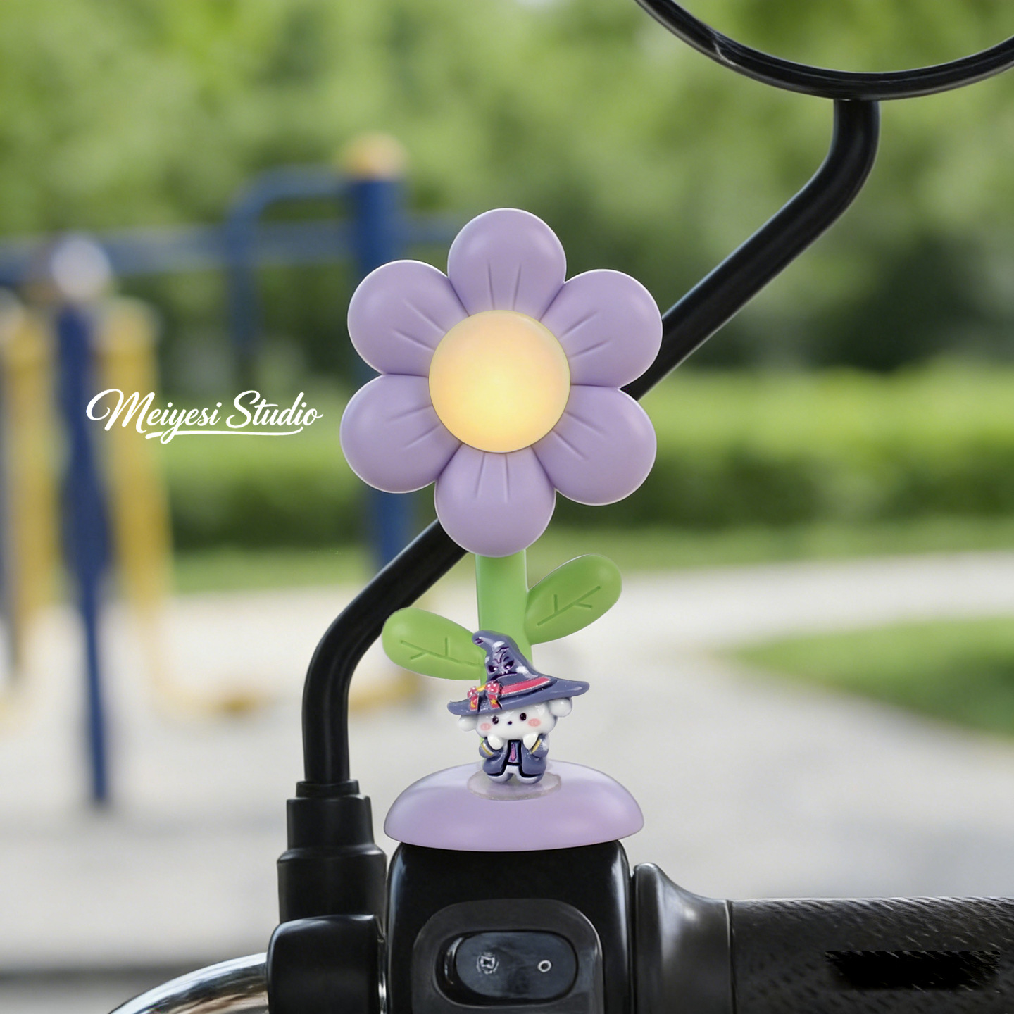 Flores de automóviles eléctricos adornos de luces lindos dibujos animados jefe perro coche de batería bicicleta de noche luces de advertencia accesorios de decoración