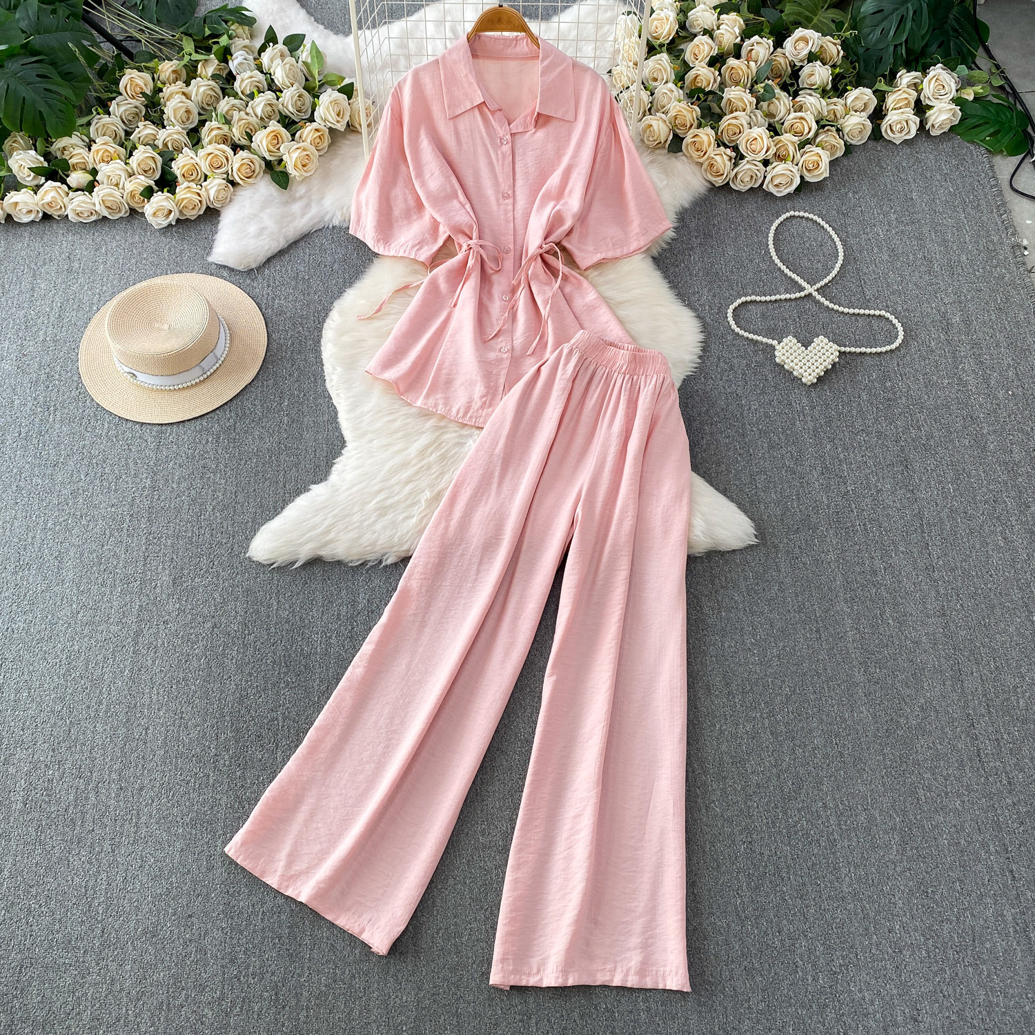 High-Waisted Slimming Collared Shirt with Side Ties And Wide Leg Trousers Women's Outfit Casual Style Set_ecoleips.com