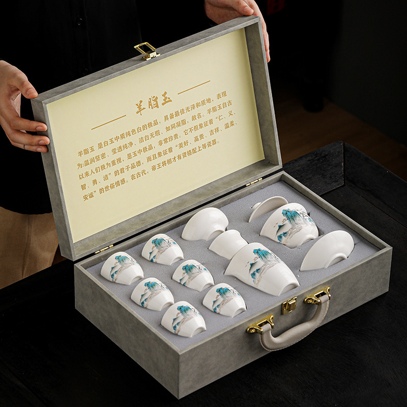 徳化羊脂翡翠白磁カンフー茶セットシンプルなフルセットライト高級ギフト卸売お土産蓋ボウルティーカップ|undefined