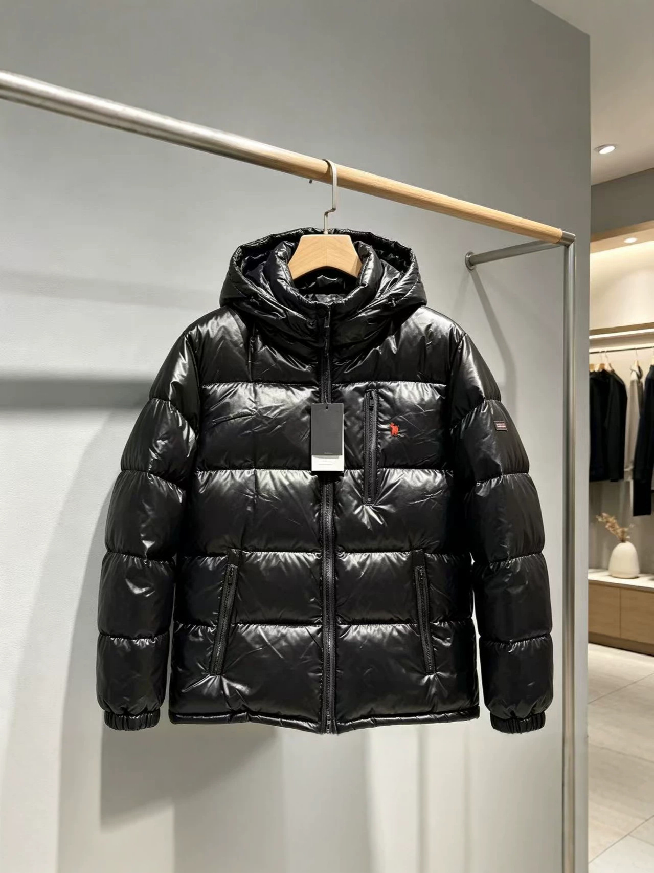 Cross-Border Foreign Trade Rl Embroidered Shiny Hooded European Size Windproof and Waterproof Men's Jacket Shiny down Jacket