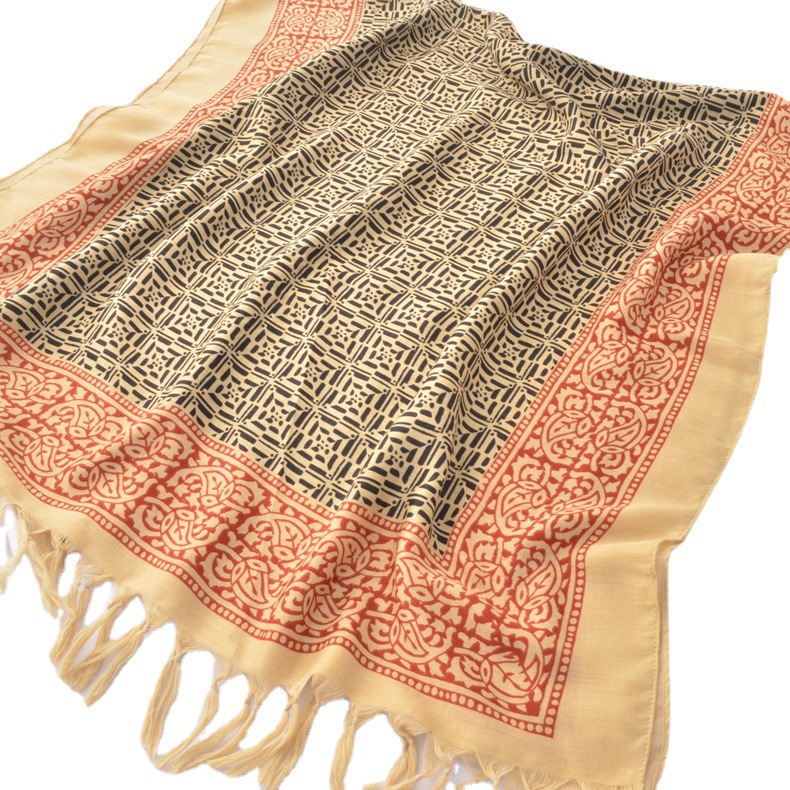 Comercio exterior Exportación original algodón y lino bufanda estilo turco tótem geométrico bufanda alargada beige borla chal para mujeres