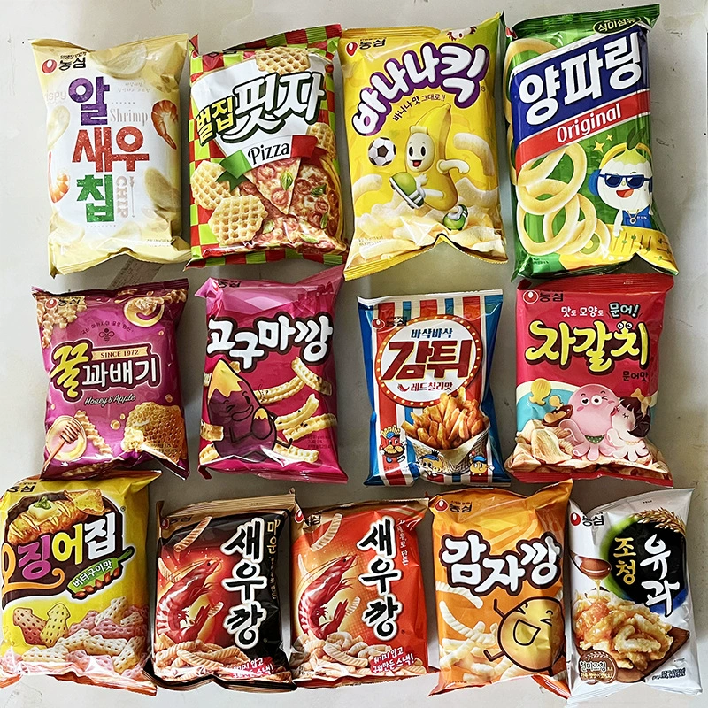 Закуски, продукты для досуга, воздушные закуски, луковые кольца Nongshim, креветочные чипсы, банановые чипсы, кольца из осьминога, чипсы из кальмара, закуски, картофельные чипсы, корейские