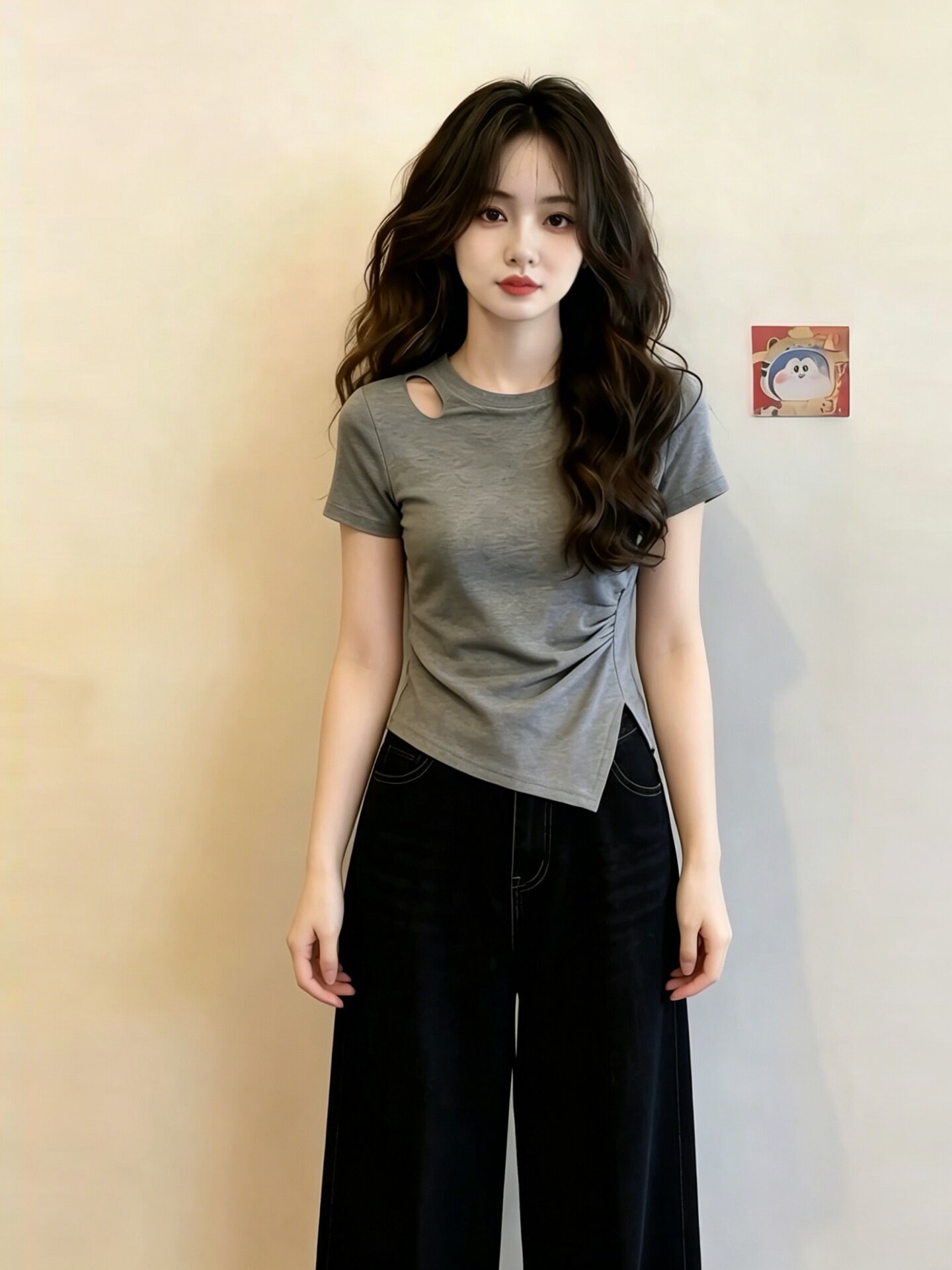 Áo thun nữ cotton ngắn tay vai suông thiết kế xếp ly eo tạo dáng thon gọn — màu đen