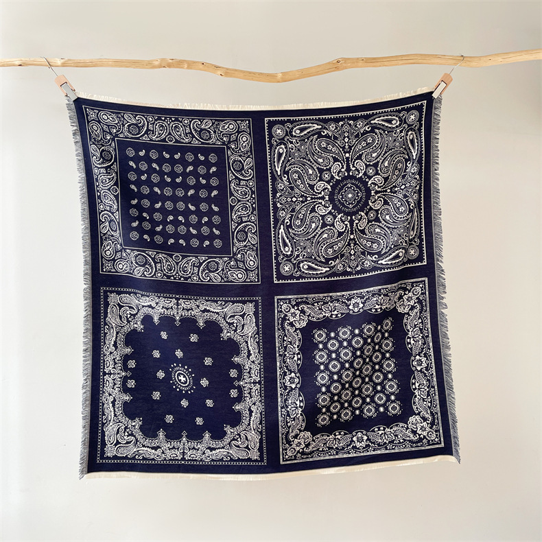 Predimenzionirani kašmirski kvadratni šal u etničkom stilu, ženski debeli šal s resicama, topli šal s cvijetom indijskih oraščića_voghion.com