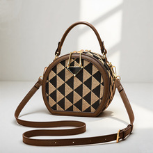 女士手提包高级通勤小圆包潮时尚格子单肩斜挎包圆饼小包超火质感