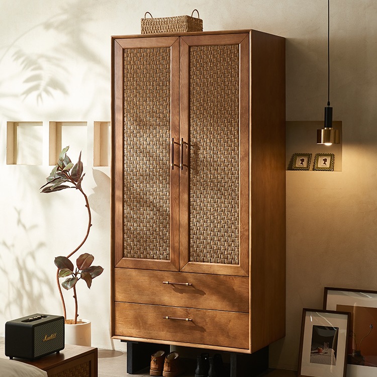 J^中古风实木藤编衣柜收纳储物柜侘寂风复古橱柜民宿卧室双门衣帽