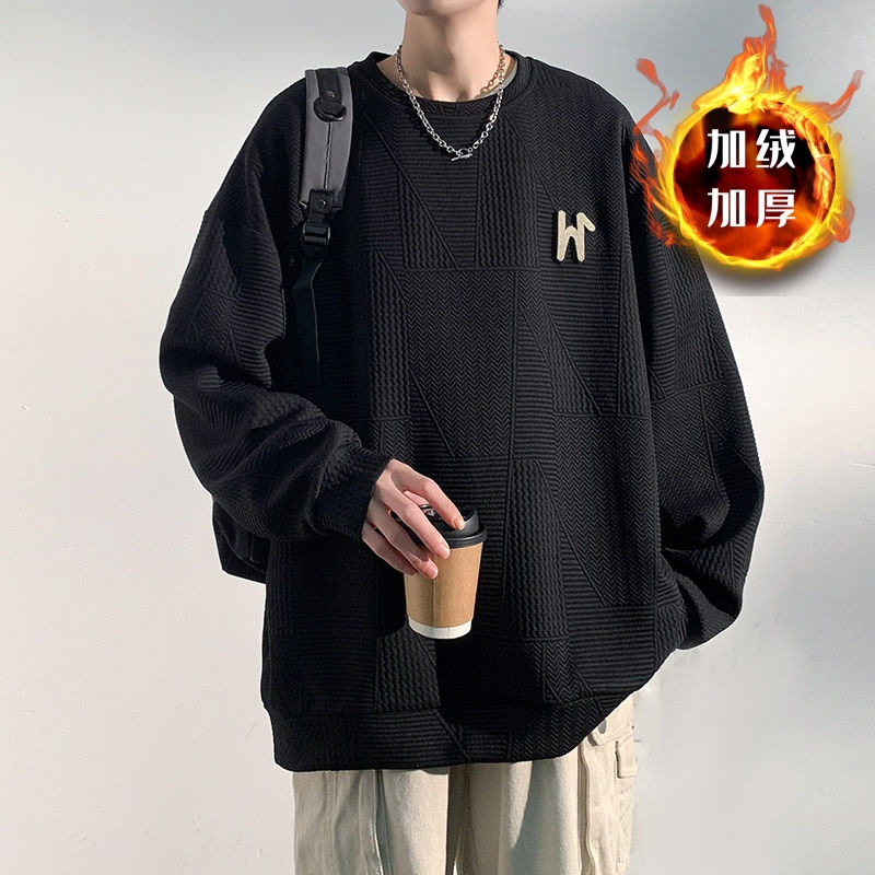 港风ins设计感立体卫衣男春秋款青少年圆领外套美式高街潮牌衣服