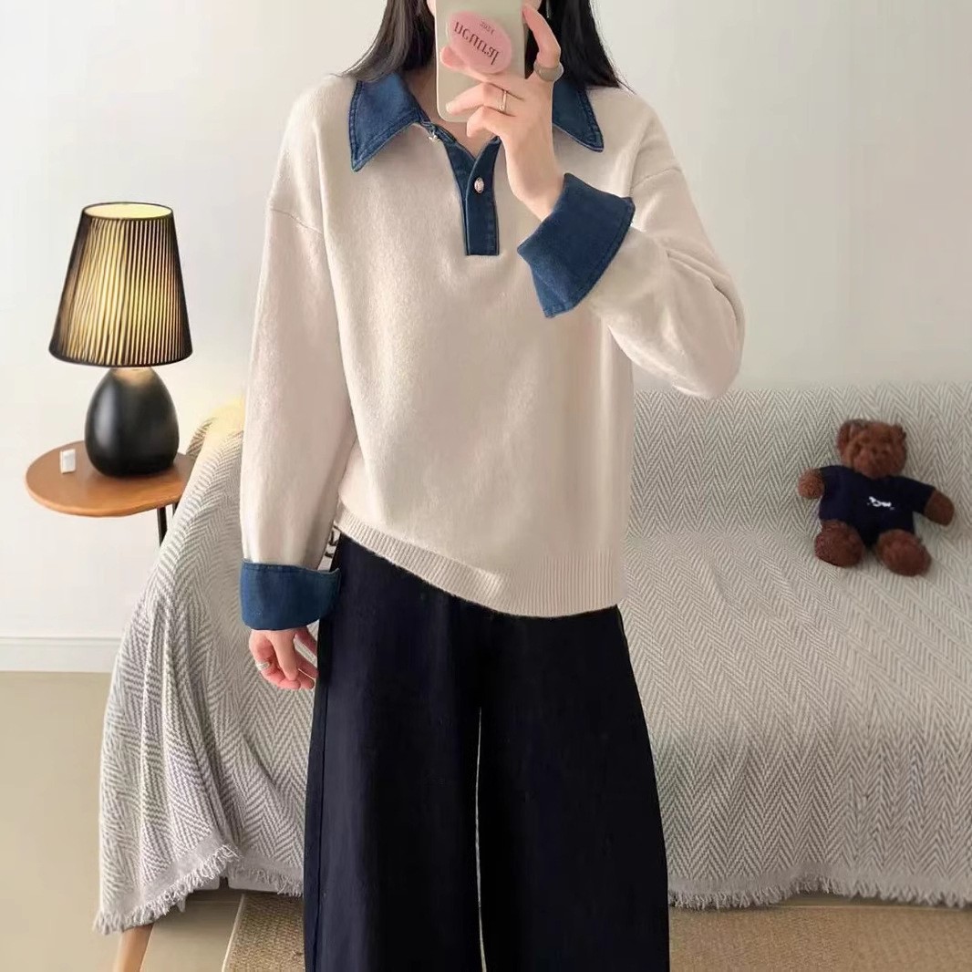 봄과 가을 새로운 스타일 심플하고 다재다능한 칼라 데님 스플리싱 루즈한 기질 폴로 칼라 작은 사람들을 위한 니트 게으른 스타일 새로운 스타일