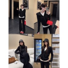 休闲运动套装黑色连帽卫衣外套女2025秋季新款高腰直筒长裤两件套