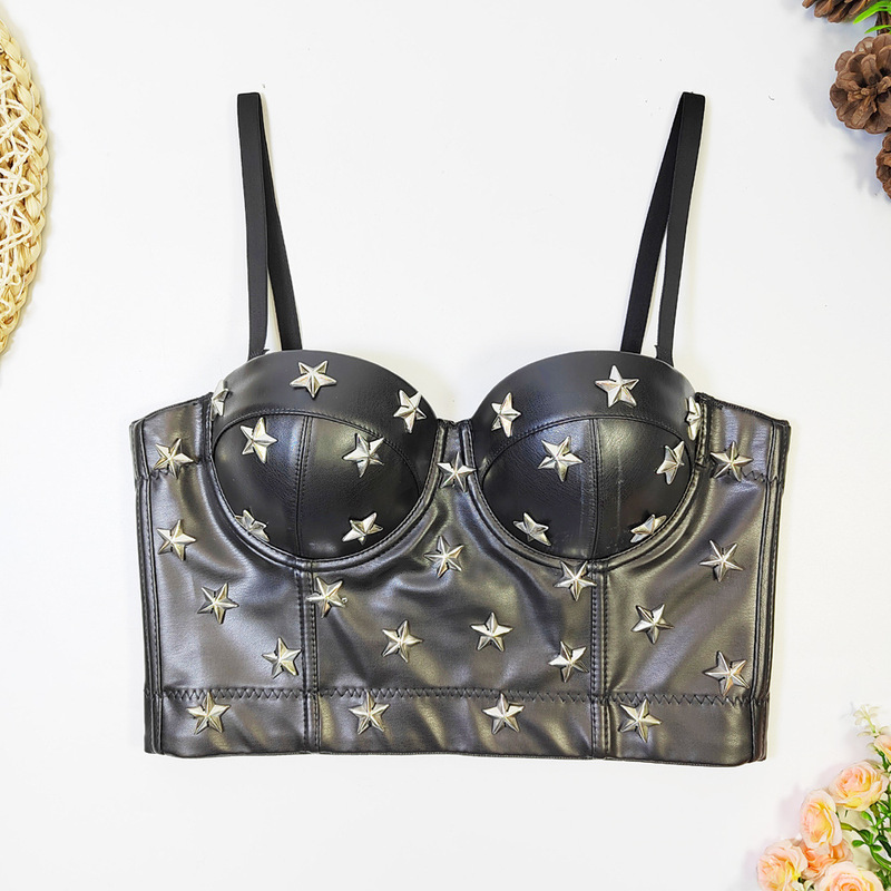 Amazon cross-border PU leather sling outer wear big chest small vest Korean style dancer vest off-shoulder beaded tube top