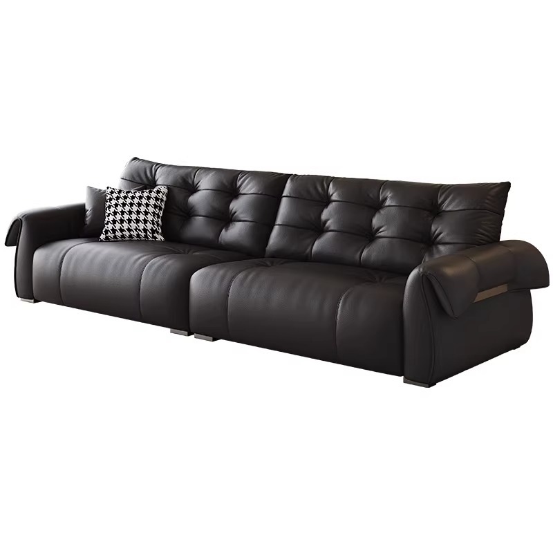 Sofá de cuero de cisne italiano minimalista retro negro cabeza de cuero de vaca sala de estar línea recta combinación de estilo medieval lujoso
