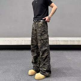 美式复古高街工装裤男直筒阔腿休闲裤2025年新款时尚潮流ins长裤